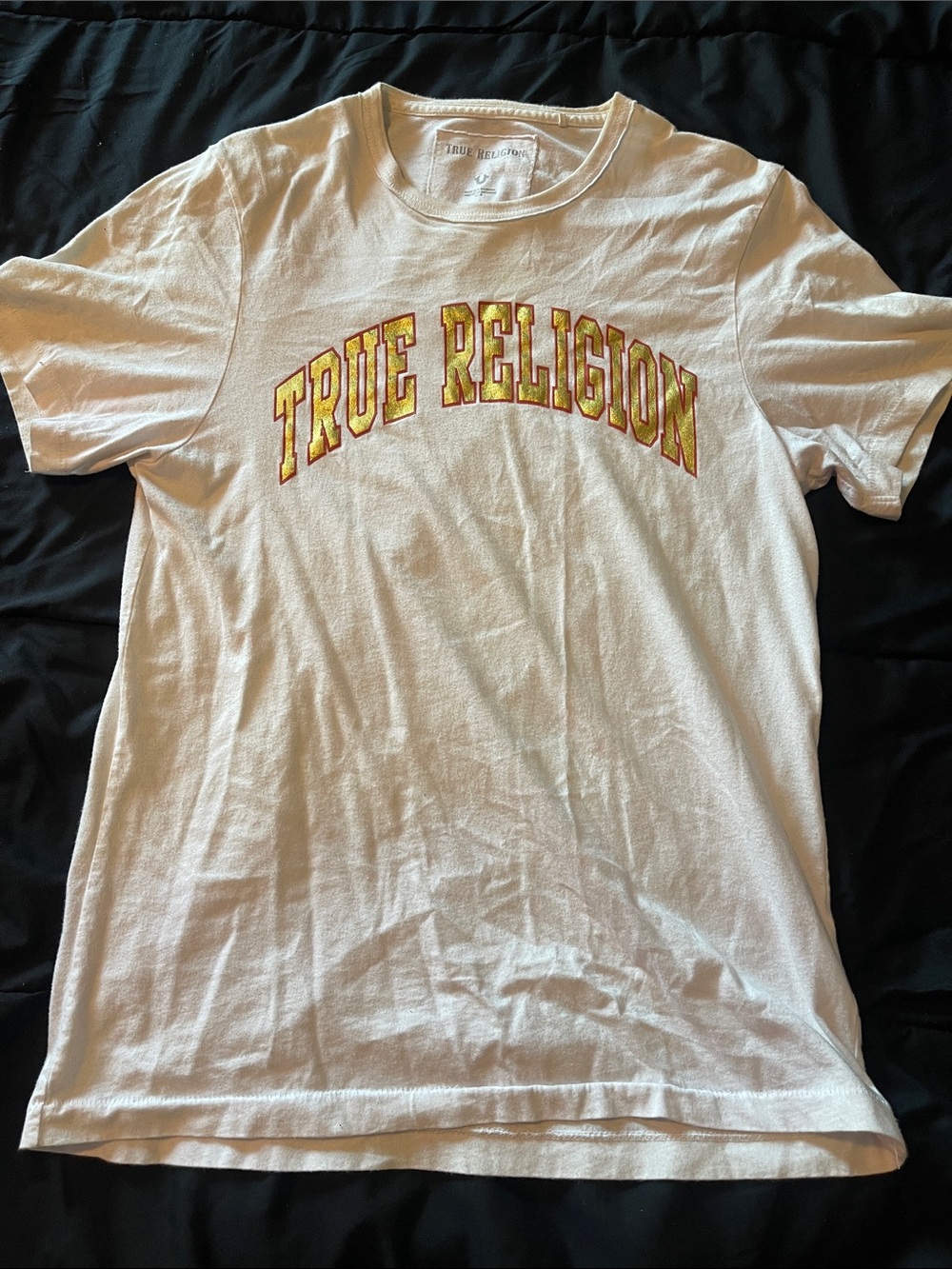 True Religion White Short Sleeve Tee with Yellow and Red Logo